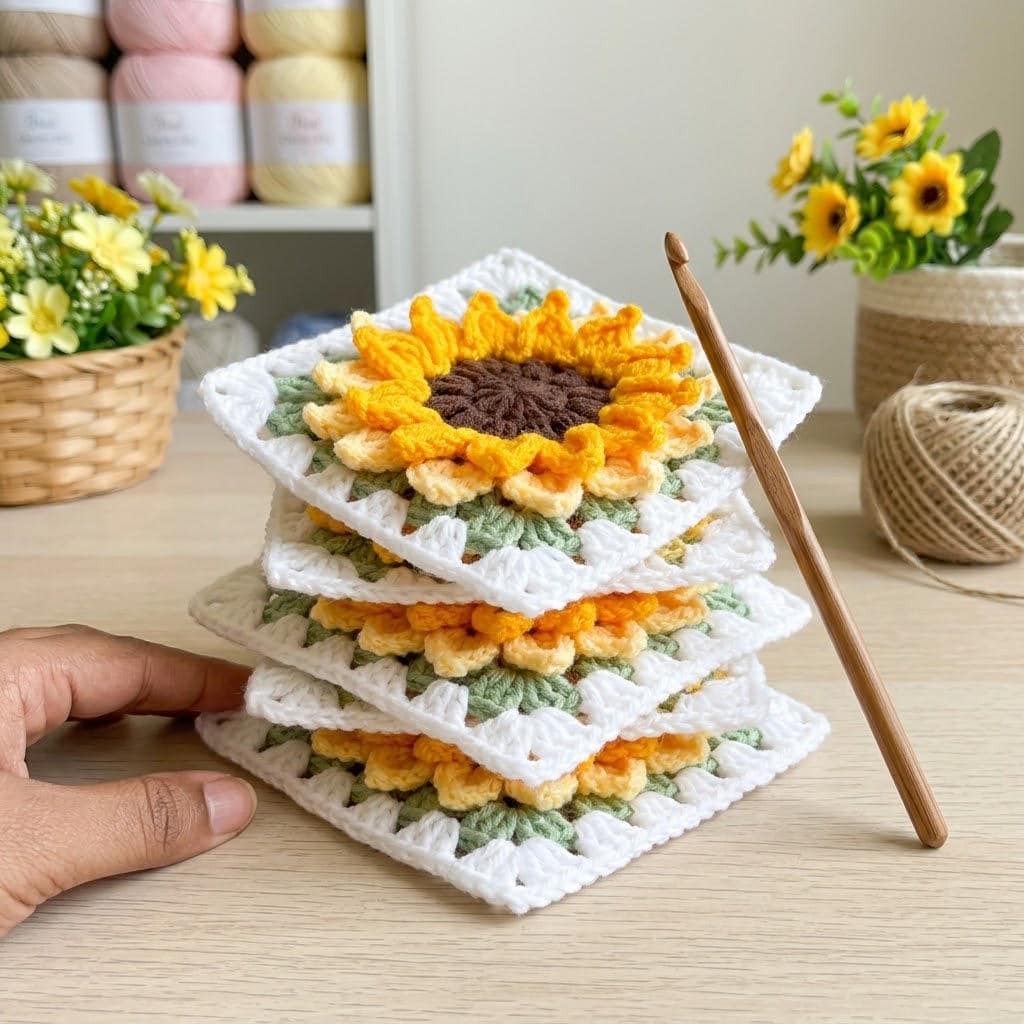 3D Sunflower Granny Square Crochet Pattern