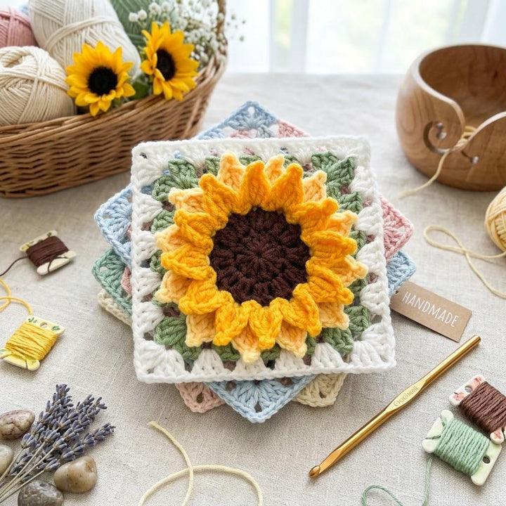 3D Sunflower Granny Square Crochet Pattern