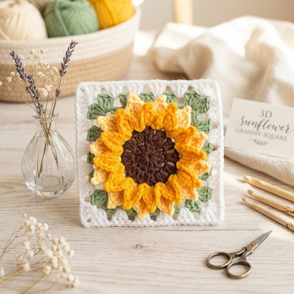 3D Sunflower Granny Square Crochet Pattern