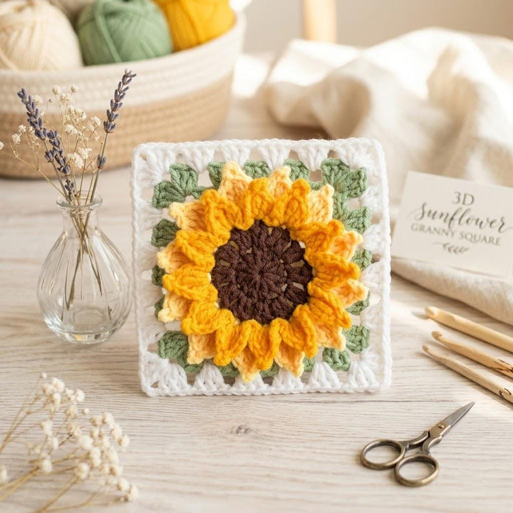 3D Sunflower Granny Square Crochet Pattern
