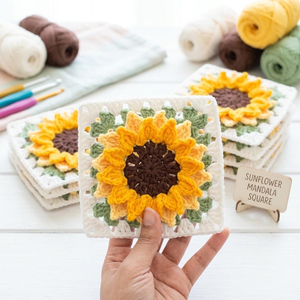 3D Sunflower Granny Square Crochet Pattern