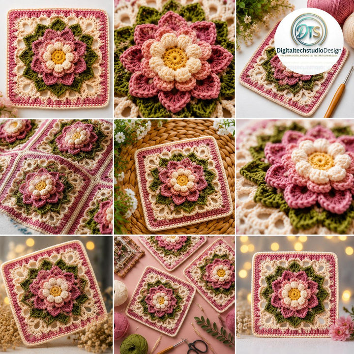 3D Floral Petals Granny Square Crochet Pattern