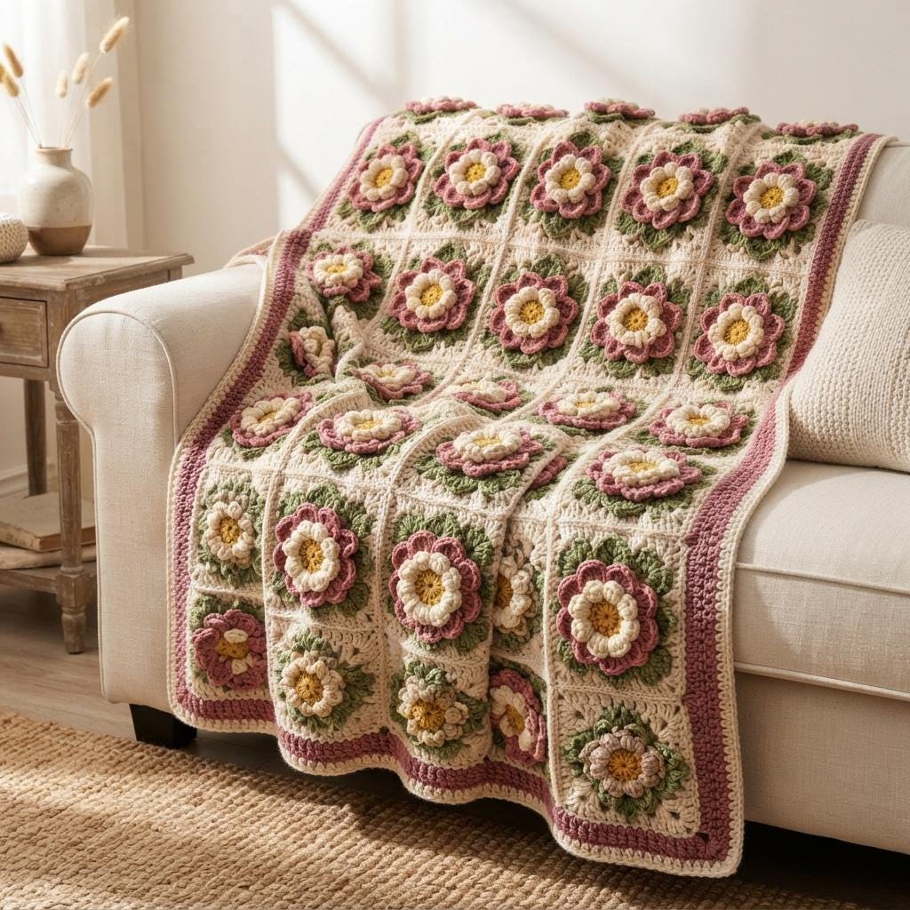 3D Floral Petals Granny Square Crochet Pattern