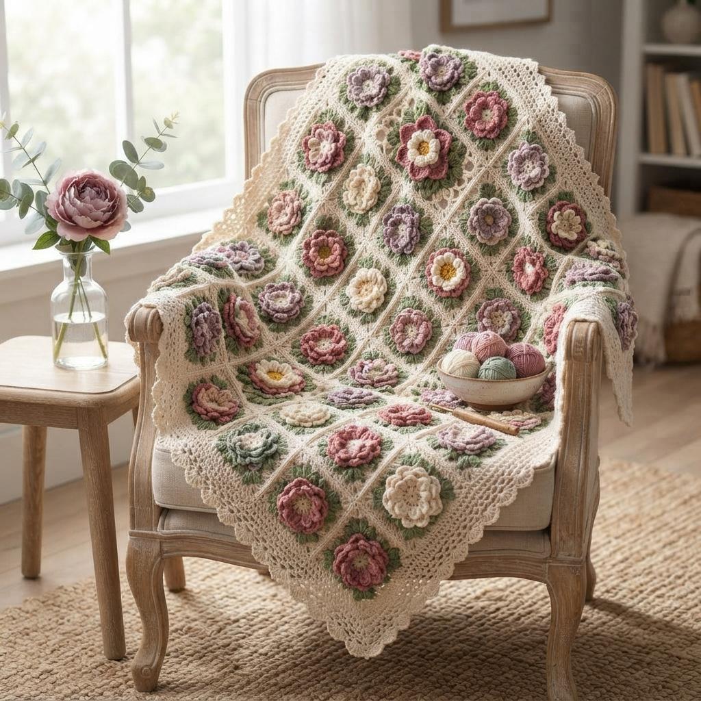 3D Floral Petals Granny Square Crochet Pattern