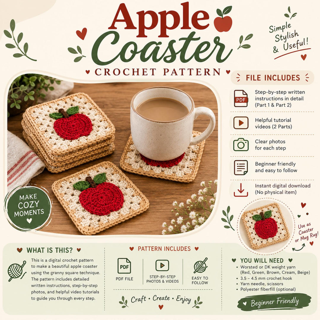 Apple Coaster Granny Square Crochet Pattern
