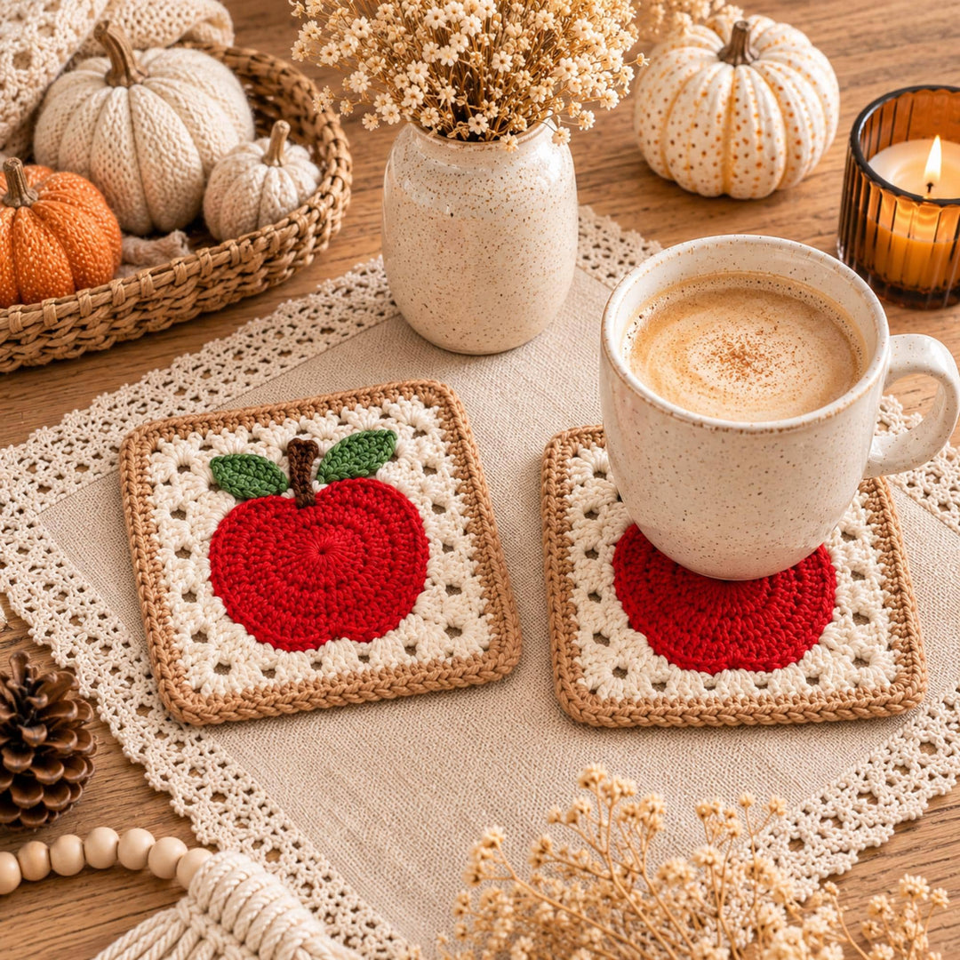 Apple Coaster Granny Square Crochet Pattern