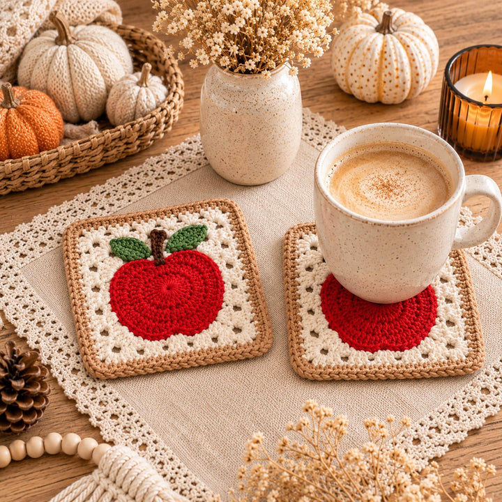 Apple Coaster Granny Square Crochet Pattern