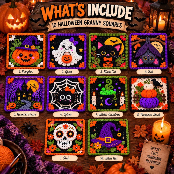10 in 1 Halloween Granny Square Crochet Pattern