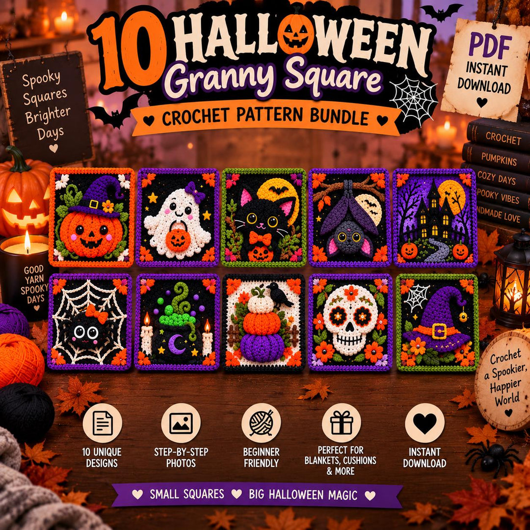 10 in 1 Halloween Granny Square Crochet Pattern