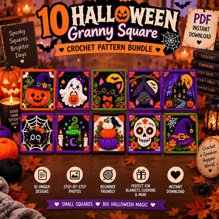 10 in 1 Halloween Granny Square Crochet Pattern