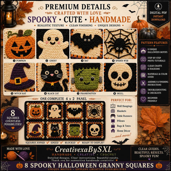 8 in 1 Halloween Granny Square Crochet Pattern