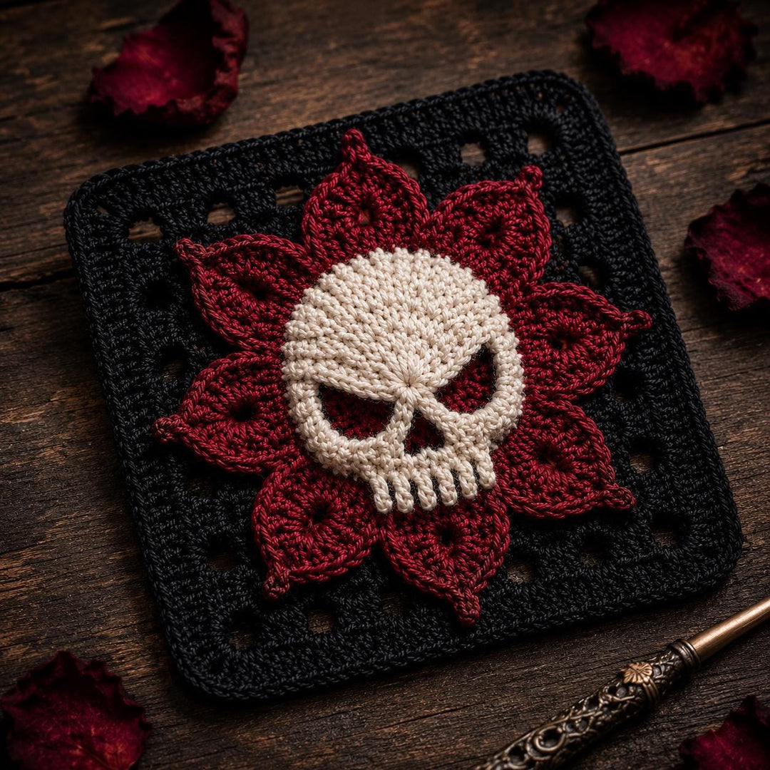 Gothic Skull Flower Granny Square Crochet Pattern