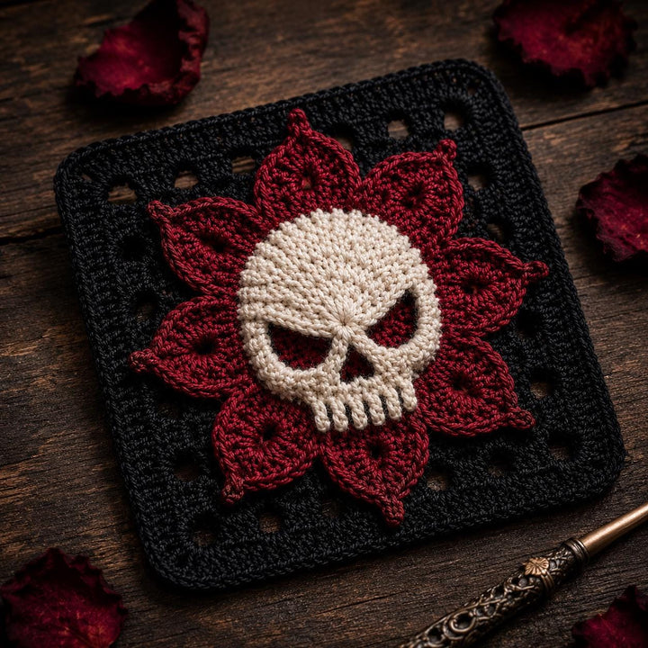 Gothic Skull Flower Granny Square Crochet Pattern