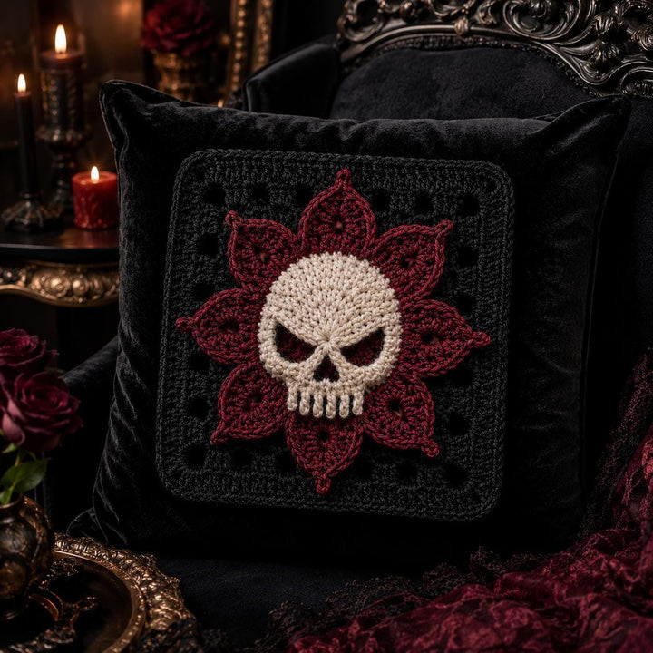 Gothic Skull Flower Granny Square Crochet Pattern