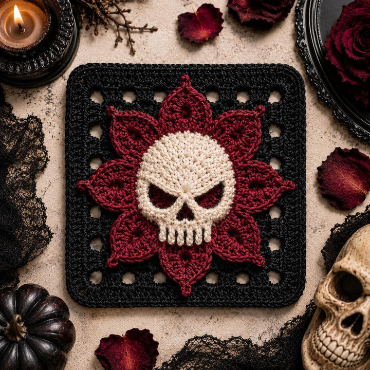 Gothic Skull Flower Granny Square Crochet Pattern