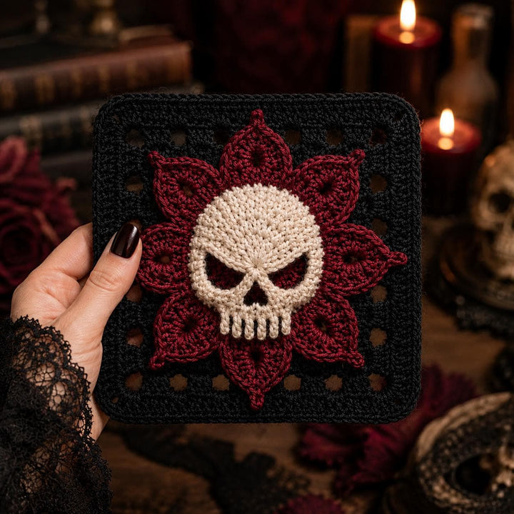 Gothic Skull Flower Granny Square Crochet Pattern