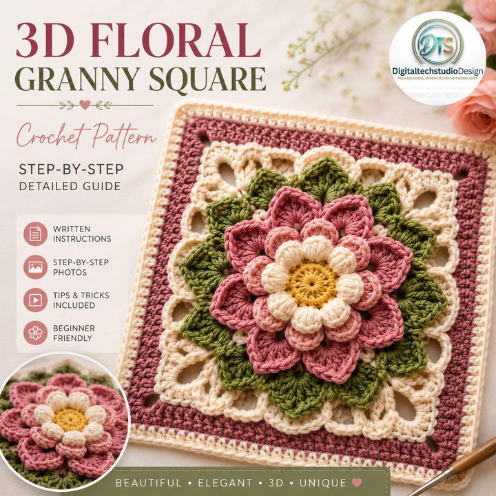 3D Floral Petals Granny Square Crochet Pattern