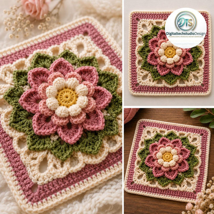 3D Floral Petals Granny Square Crochet Pattern