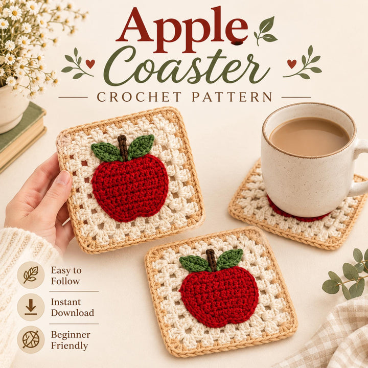 Apple Coaster Granny Square Crochet Pattern