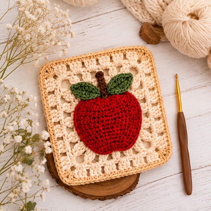 Apple Coaster Granny Square Crochet Pattern