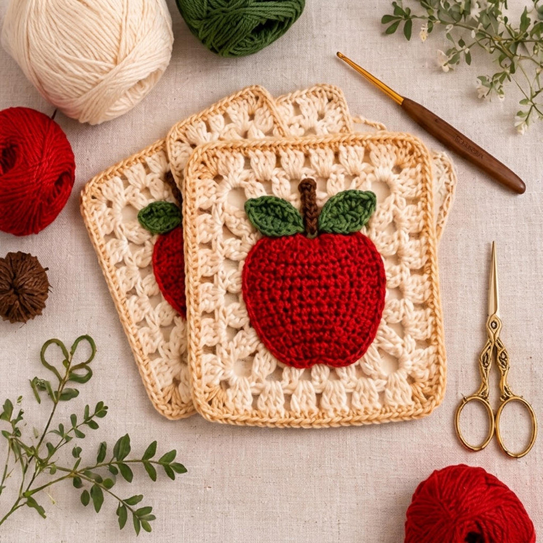 Apple Coaster Granny Square Crochet Pattern