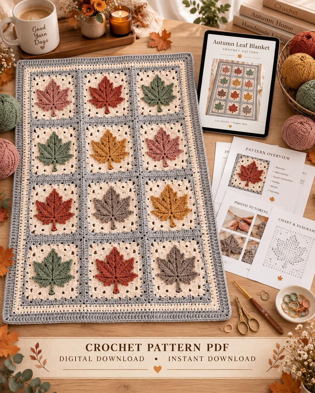 Autumn Maple Leaf Granny Square Blanket Crochet Pattern