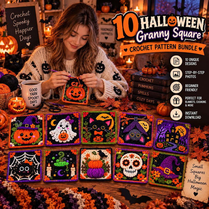 10 in 1 Halloween Granny Square Crochet Pattern