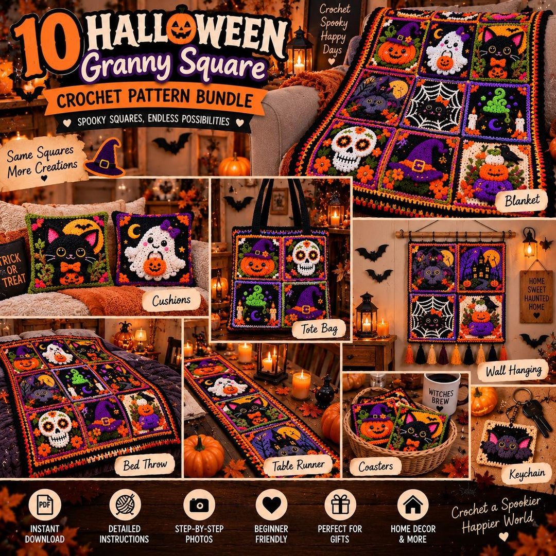 10 in 1 Halloween Granny Square Crochet Pattern