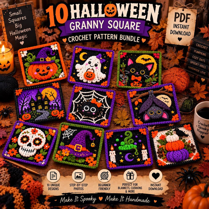 10 in 1 Halloween Granny Square Crochet Pattern