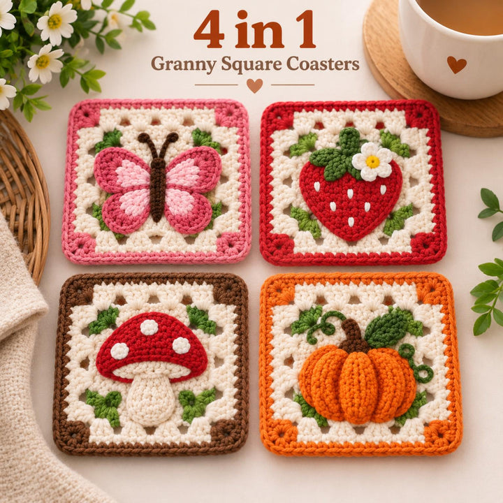 4 in 1 Butterfly Fruit Coaster Granny Square Crochet Pattern