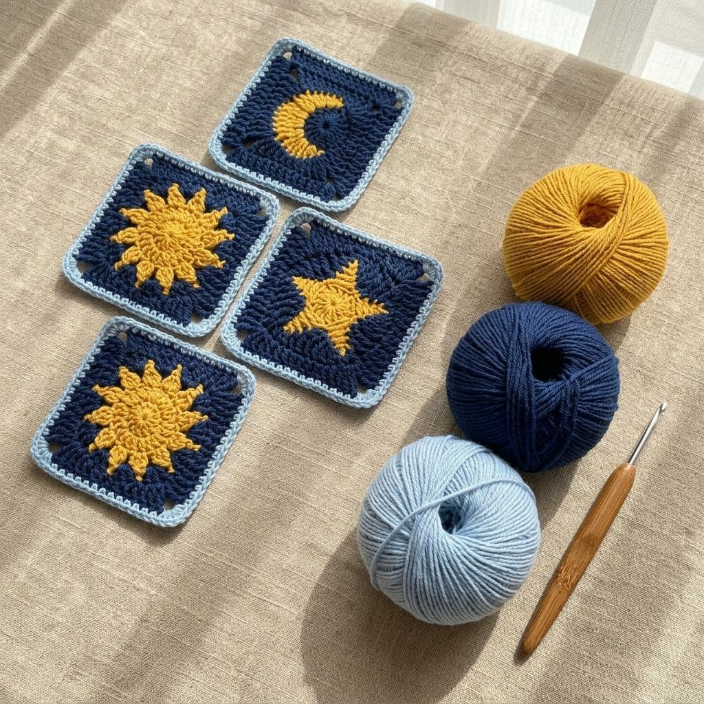 3 in 1 Sun Moon Star Granny Square Crochet Pattern