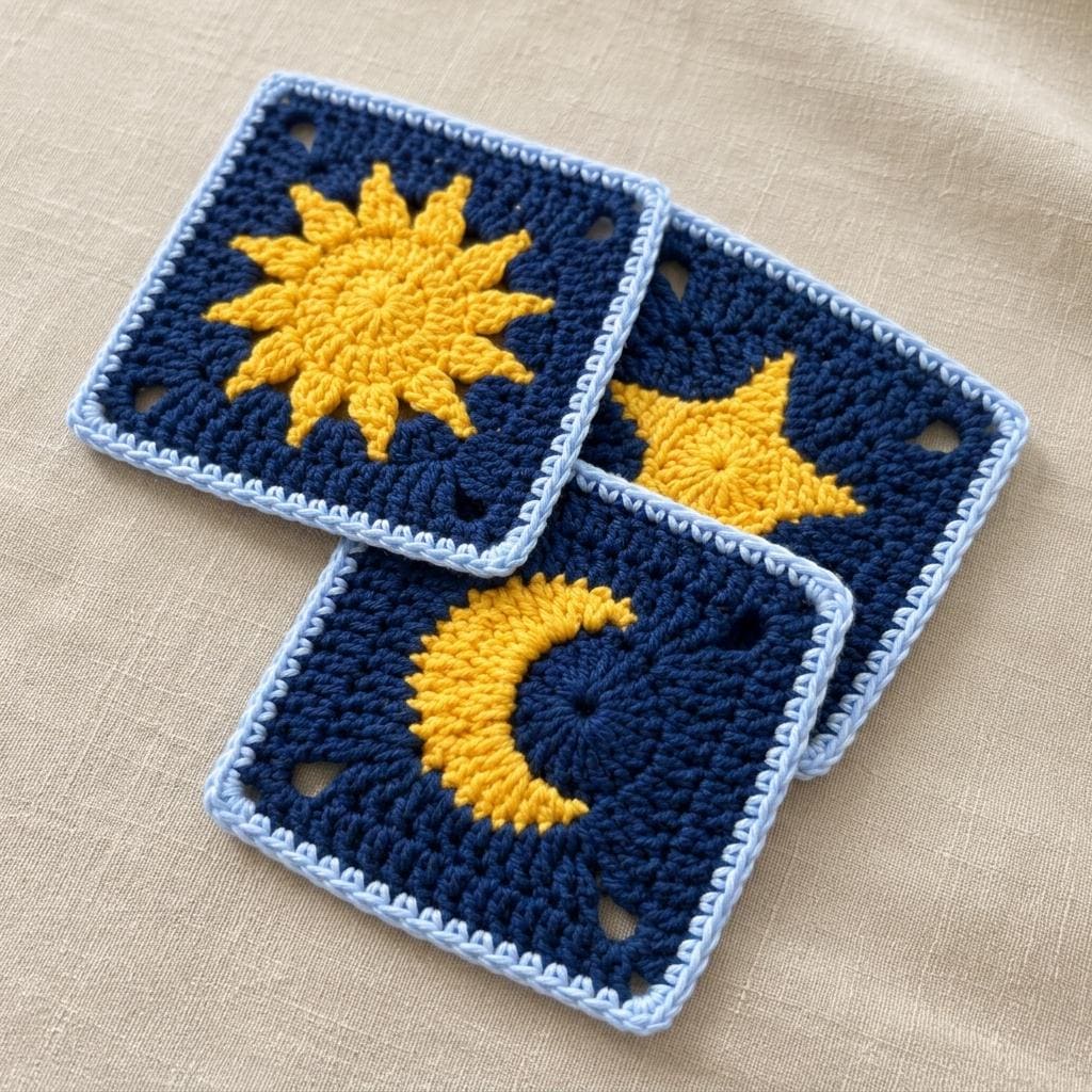 3 in 1 Sun Moon Star Granny Square Crochet Pattern