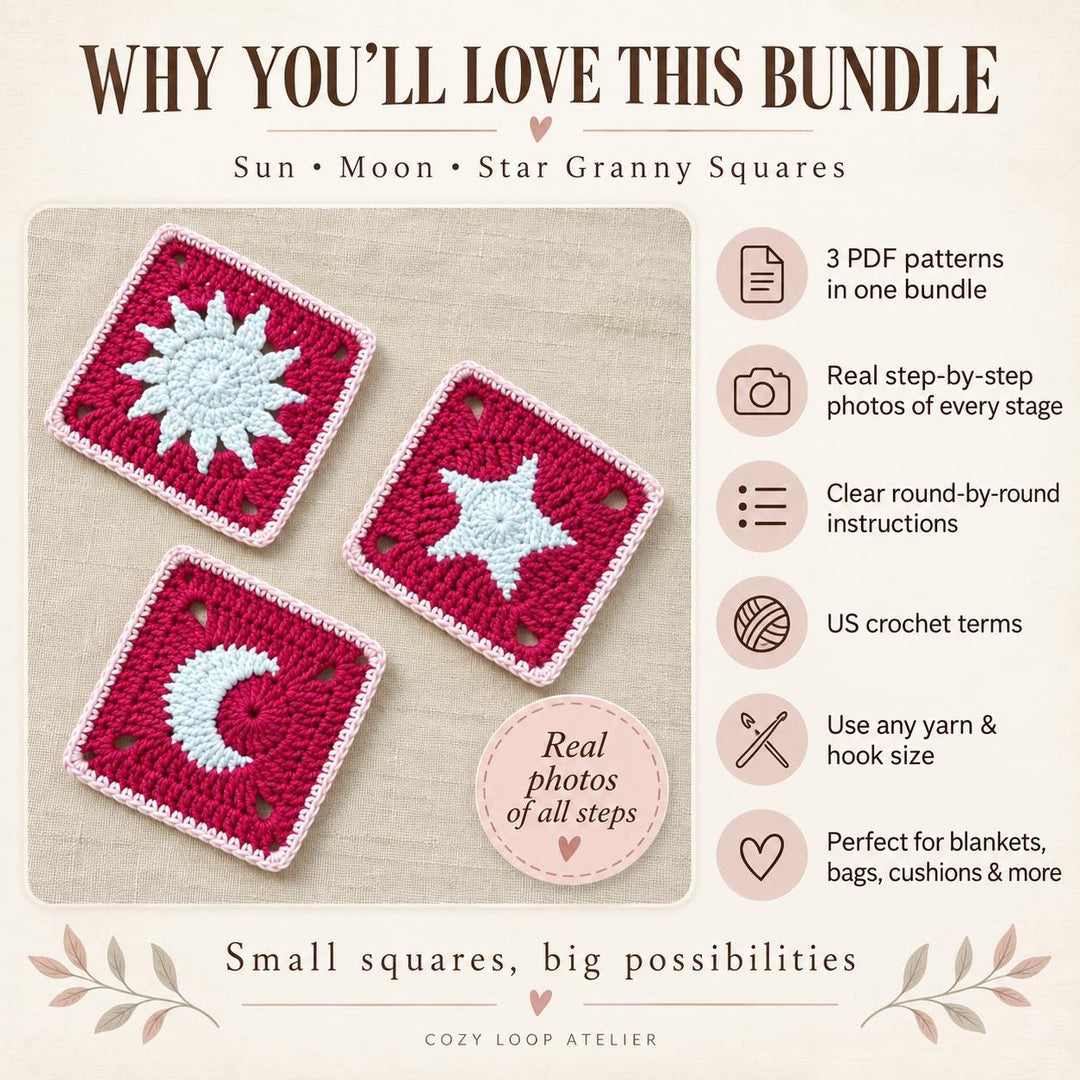 3 in 1 Sun Moon Star Granny Square Crochet Pattern