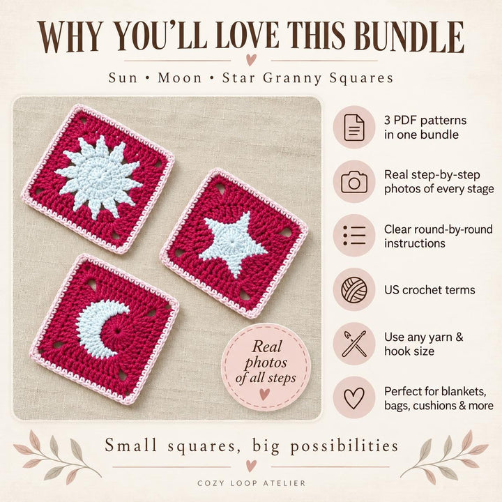 3 in 1 Sun Moon Star Granny Square Crochet Pattern
