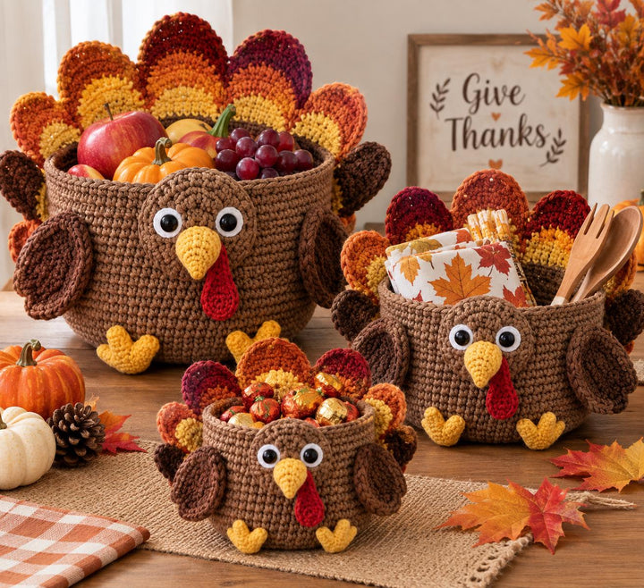 3 In 1 Thanksgiving Turkey Basket Crochet Pattern